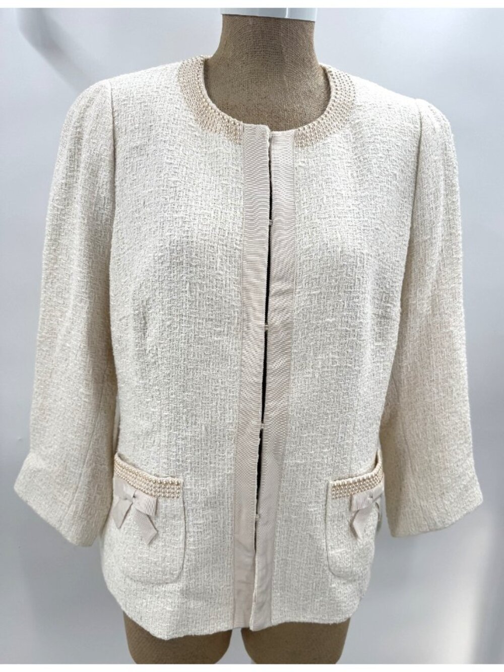 Luisa Spagnoli Italy White Tweed Pearls Silk Bows Blazer Jacket Women Sz 48 Sz L